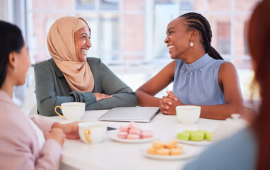 Food, women and business friends eating while bonding over tea and dessert in a coffeeshop. Coffee, tea and cafe with diverse female corporate group enjoying snacks or meal together while planning
