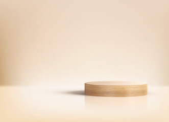 Wooden cylinder podium for promotion product display, Minimal scene with podium for products showcase, product presentation, mock up, cosmetic product show, stage pedestal 3D Rendering.