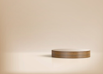 Wooden cylinder podium for promotion product display, Minimal scene with podium for products showcase, product presentation, mock up, cosmetic product show, stage pedestal 3D Rendering.