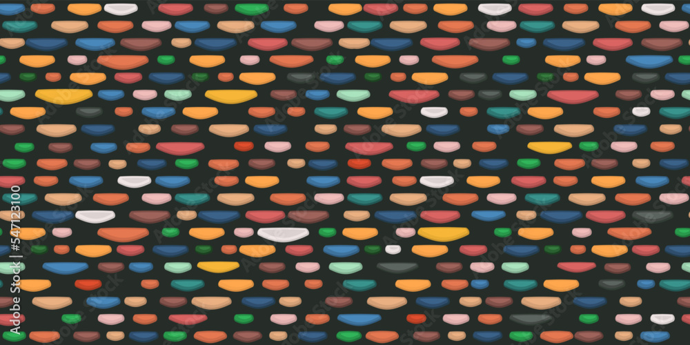 Poster Colored bricks or pebbles on a black background. Seamless pattern of multicolored small stones. For print and stylish decor, seamless patterns and textures.