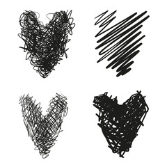 Hand drawn grungy hearts on isolated white background. Set of love signs. Monochrome image for design. Black and white illustration. Grunge elements for design