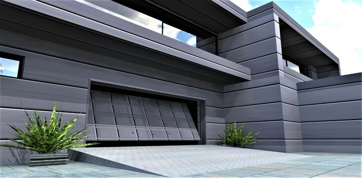 Metal gates open to enter the garage of a prestigious country house. Horizontal aluminum fa&ccedil;ade panels. Flowerpots with decorative plants on the sides. 3d rendering.