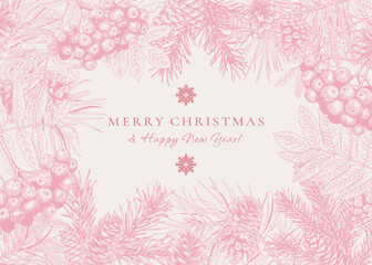 Fototapeta na wymiar Christmas abstract botanical card with rowan.Botanical vector illustration with fir and pine branches and cones. White background and pink greeting. Sketch.