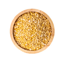 Peeled split mung beans in wood bowl isolated on transparent pngf