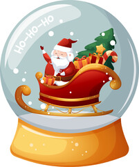 Snow globes, glass flasks with cartoon Santa Claus and sleigh on transparent background