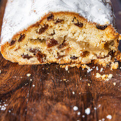 stollen cake sweet christmas pastries dried fruits, marzipan, nut snack meal food snack on the table copy space food background top 