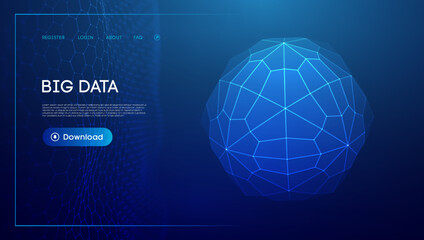 Abstract low poly sphere digital network background. Geometric futuristic blue technology background. Low poly wireframe vector design.