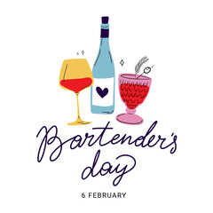 Hand Lettering World Bartender Day, wine, cocktails and wineglasses illustration.