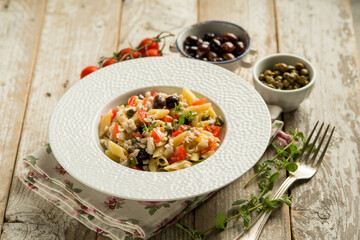 pasta with fish ragout black olives and capers