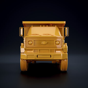 Front view Freight Truck..Monochrome yellow, Single Color Isolated Heavy Dumpig Truck. Chevrolet C70 Dump Truck 1979, 3D Rendering, from back view