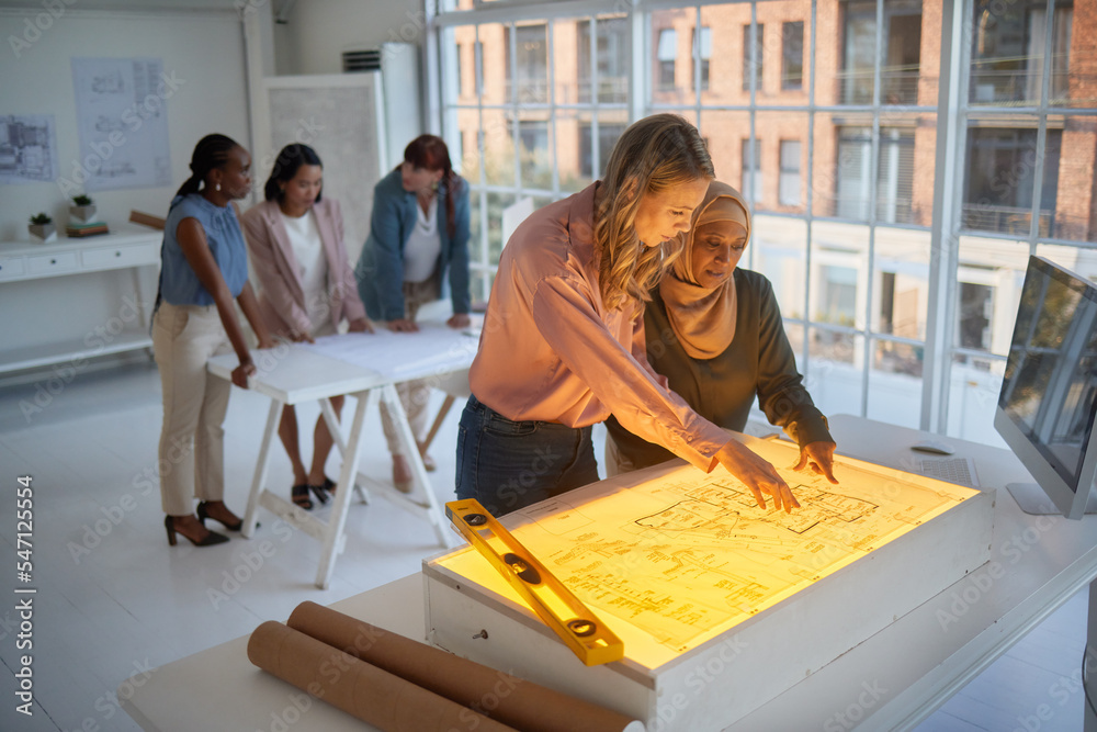 Poster architect, business women and diversity of engineering building team planning a project. light on in
