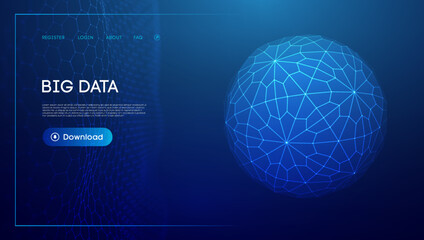 Abstract low poly sphere digital network background. Geometric futuristic blue technology background. Low poly wireframe vector design.