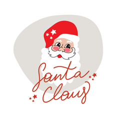 Santa Clause face with beard and hat. Cartoon Christmas character illustration isolated on white background.