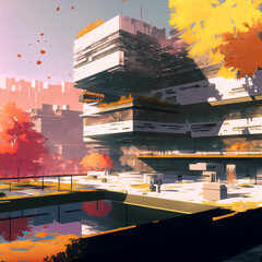 Fototapeta premium urban city skyline autumn digital art ai-generated
