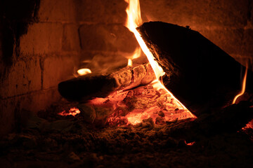 fire burning wood in the fireplace 