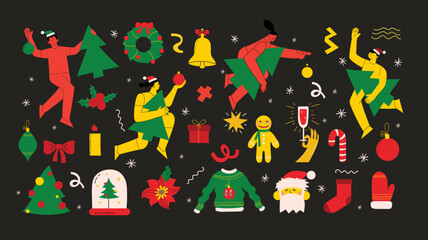 Obraz premium Christmas and Happy New Year. Trendy Style. Simple backgrounds. Set of vector illustrations. Geometric shapes and elements.