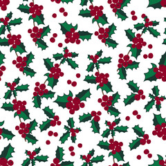 Christmas seamless pattern, Green branches, red berries, Winter foliage illustration, Christmas botanical background, Perfect for holiday invitations, winter greeting cards, wallpaper, wrapping paper