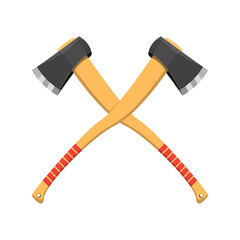 Hatchet Crossed Axe in realistic style. Metal woodcutter with red handle made of wood. Hand tool. Colorful PNG illustration.