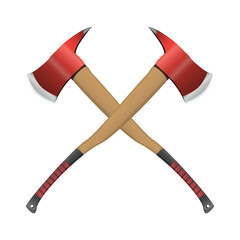 Firefighter crossed axe in realistic style. Red Hatchet. Red fire ax firefighter rescue equipment. Metal woodcutter with handle made of wood. Colorful PNG illustration.