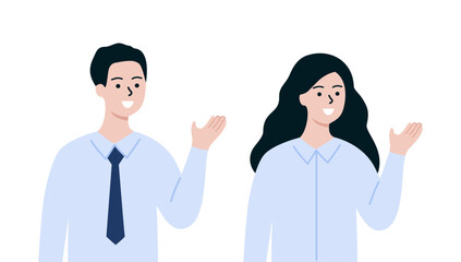 Smiling businessman and businesswoman introducing. Business Presentation, information guidance concept. Use for website, app. Flat people cartoon vector design illustration