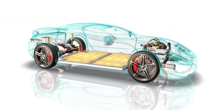 Electric car chassis slowly moving then battery pack cover is opening. Wireframe body. Sustainable energy. Futuristic technology 4k 3d concept animation.