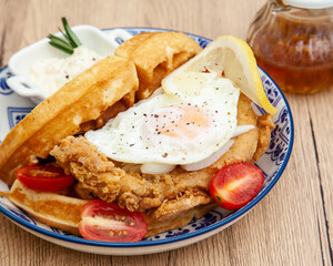 Waffle sandwich with fried chicken and egg