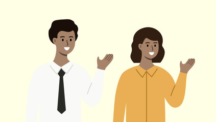 Smiling businessman and businesswoman introducing. Business Presentation, information guidance concept. Use for website, app. Flat people cartoon vector design illustration