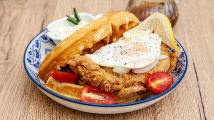 Waffle sandwich with fried chicken and egg