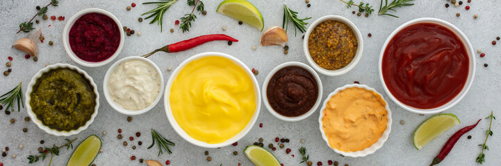 Different types of sauces in bowls with seasonings banner, rosemary and pepper, thyme and garlic, lime and lemon, cilantro, top view, copy space