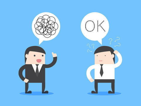 Executive bad communication. businessman don’t understand but say okey. Concept of bad communicate, office problem, talking confused, explain not clear. cartoon illustration.