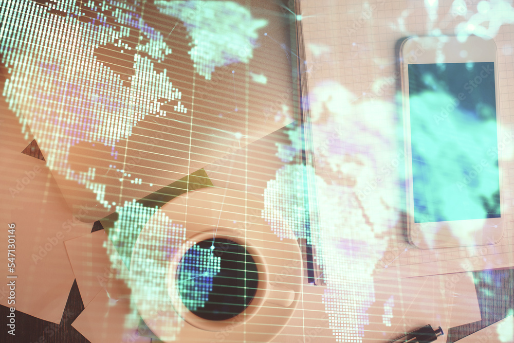 Poster double exposure of business theme hologram over desktop with phone. top view. mobile international t