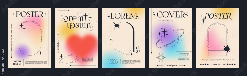 Poster Modern fluid gradient posters with linear forms and sparkles. Trendy minimalist aesthetic print with line arch frames, stars and blurred pastel gradient background vector poster template set