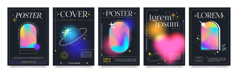 Modern minimalist style posters with holographic forms, linear shapes and sparkles on black background. Trendy print with line arch frames, fluid gradients and stars, vector poster template set - obrazy, fototapety, plakaty