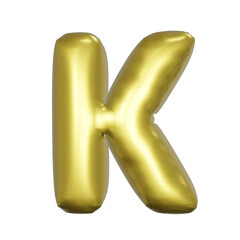 K Alphabet metallic gold foil balloons. 3D render Golden Helium balloons.