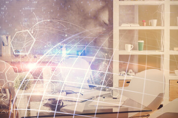 Multi exposure of world map drawing and office interior background. Concept of international network.