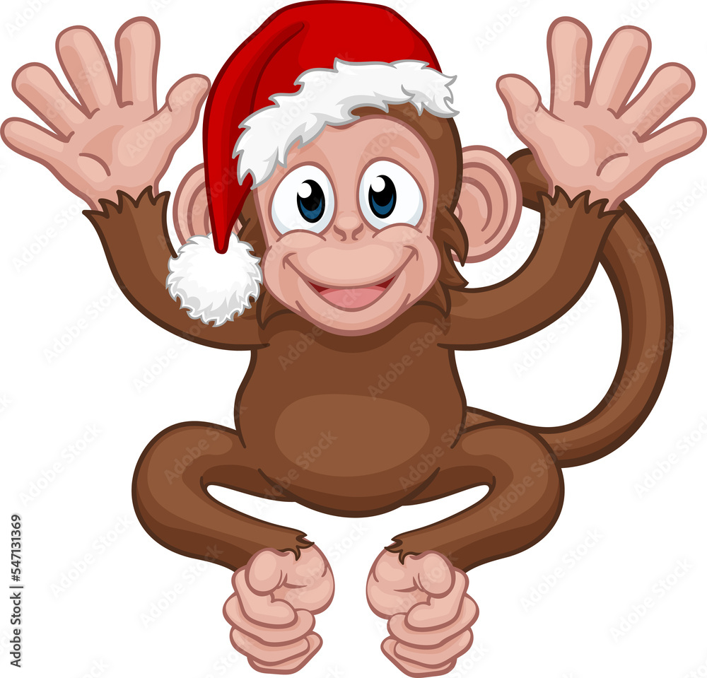 Poster Santa Hat Christmas Monkey Cartoon Character