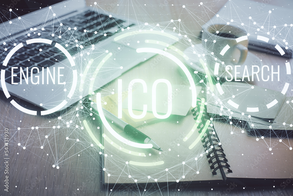 Aufkleber Double exposure of crypto technology drawing and desktop with coffee and items on table background. Concept of blockchain