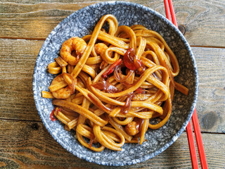 Udon with shrimp. Japanese dish.