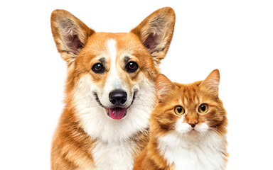 red dog and cat together on a white background