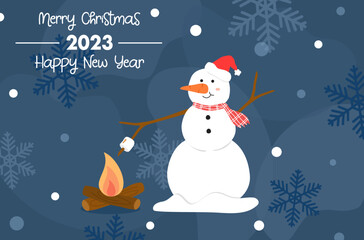 Merry Christmas and happy new year 2023 with cute snowman, snowman and marshmallow vector, flat design of cute Christmas character for new year, lovely snowman character in Christmas night vector.