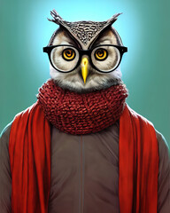 Owl face with glasses. Geek owl with glasses wearing a knitted scarf wrapped around his neck
