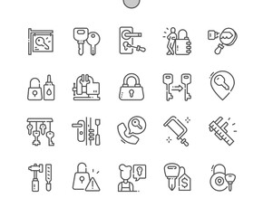 Locksmith. Key copy. Door handle. Rasp and hammer. Pixel Perfect Vector Thin Line Icons. Simple Minimal Pictogram