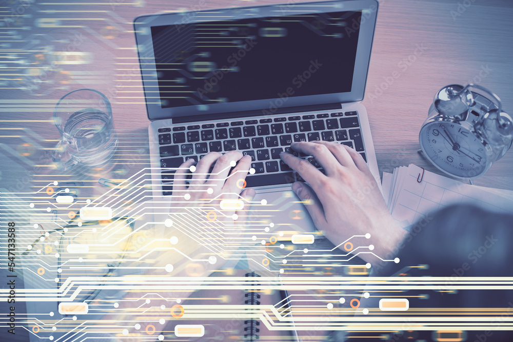 Aufkleber Double exposure of man's hands typing over computer keyboard and data theme hologram drawing. Top view. Technology concept.