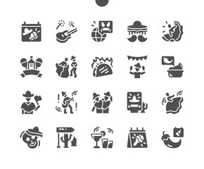 Cinco de Mayo 5 May. Carnival, tequila and dancing. Calendar. Fifth of may. Holiday. Mexican party. Vector Solid Icons. Simple Pictogram