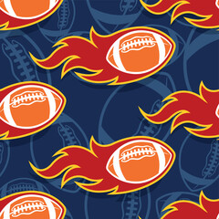 Rugby balls and fire flame seamless pattern vector art image. Flaming American football balls continuous background wallpaper texture.