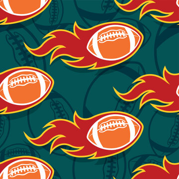Burning rugby balls repeating tile background. American football balls and fire flames seamless pattern vector image wrapping paper design.