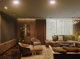 3D visualization of a modern living room. Interior design concept. Luxury interior
