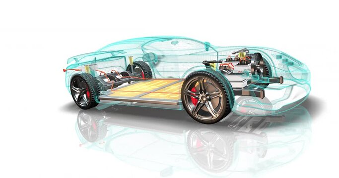 Modern generic electric car chassis with internal parts. Lithium battery is visible. Wireframe body. Sustainable energy.