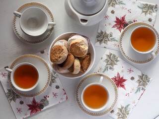 Breakfast with polvorones, mantecados. Flat lay on a white background