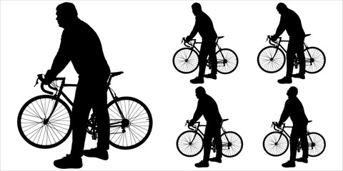 A young man with a bicycle examines everything around him, bends down with his body, and turns his head around. Side view. Sportsman. Cycling tourism. Five black male silhouettes isolated on white